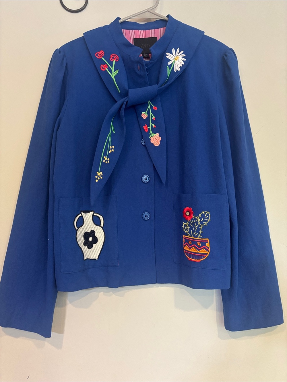 Zara Royal Blue Embroidered Tie-Neck Jacket